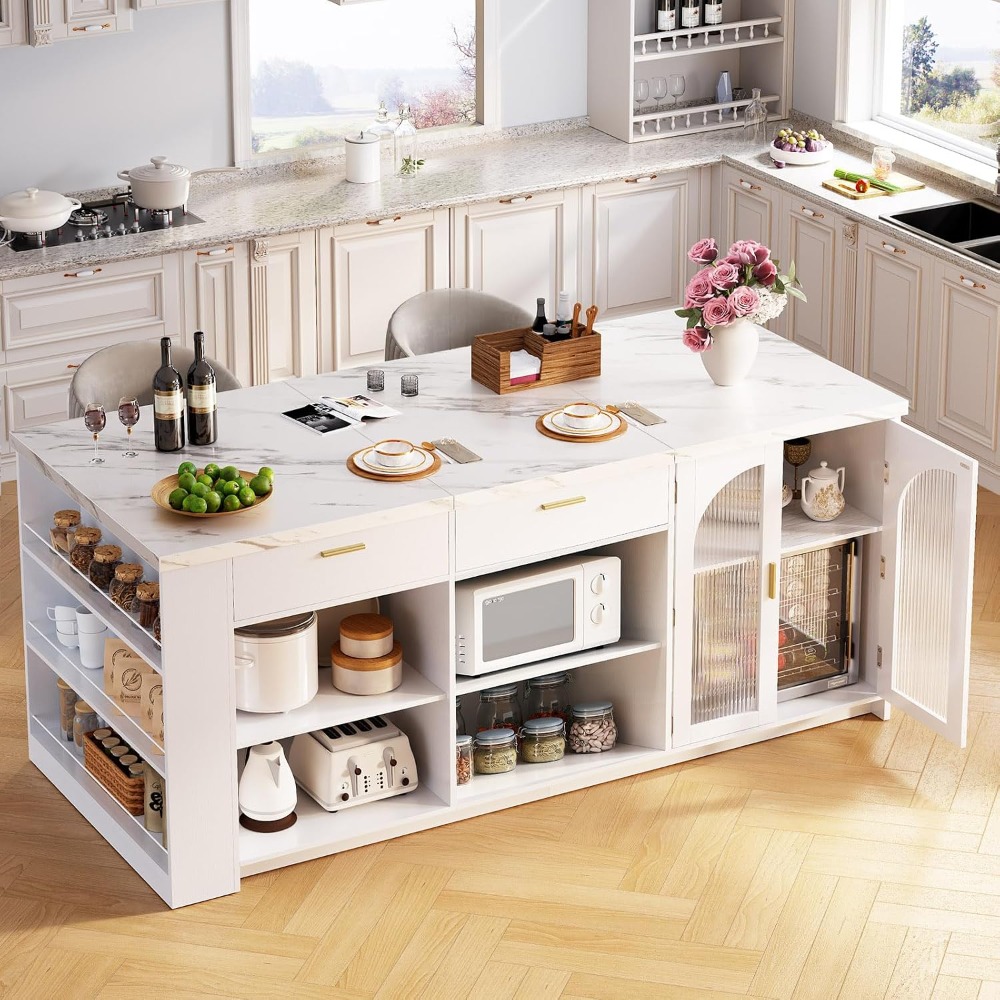 Commercial Kitchen Tables - 71인치 대형 주방 아일랜드(수납공간 포함), 화이트