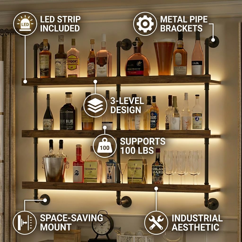 벽걸이식 LED 조명 와인랙 3단 플로팅 바 선반 주류 - Commercial Kitchen Lights 리뷰 및 가격